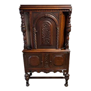 Antique Early 20th Century Jacobean-Style Carved Oak Side Cabinet