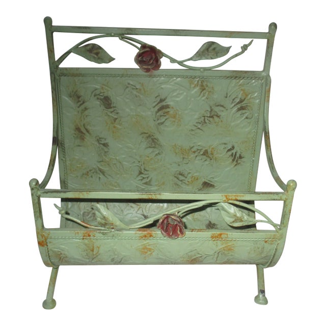 1960s Vintage French Country Romantic Green Metal With Roses Magazine Rack For Sale