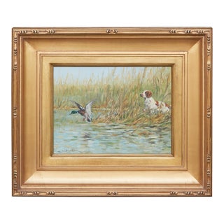 Fernand Maissen Oil on Panel Painting Depicting a Setter Hunting a River Mallard For Sale