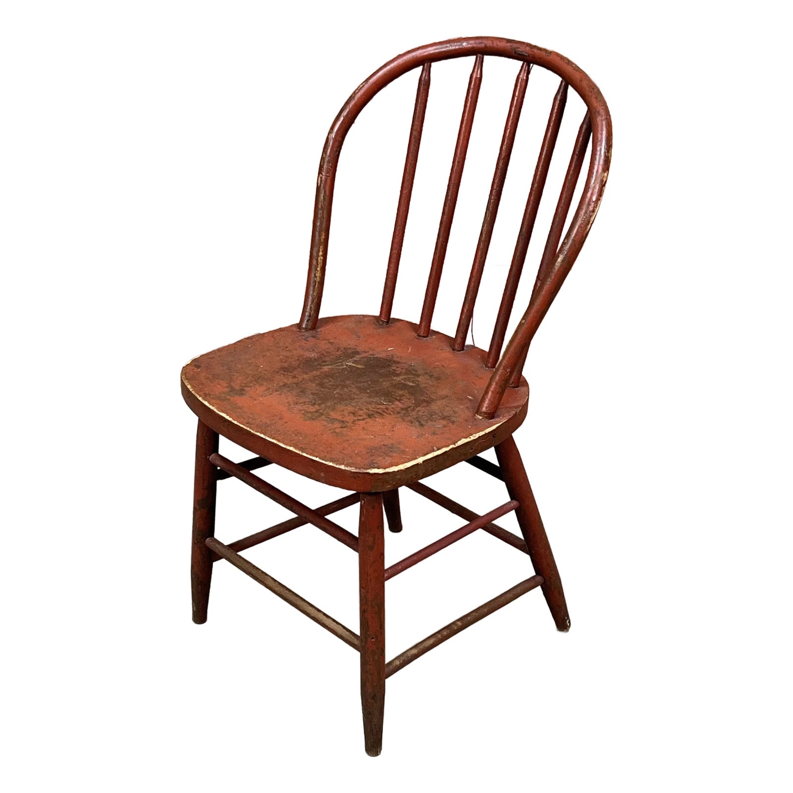 Antique 19th Century American Red Windsor Bow Back Chair With Rustic Patina