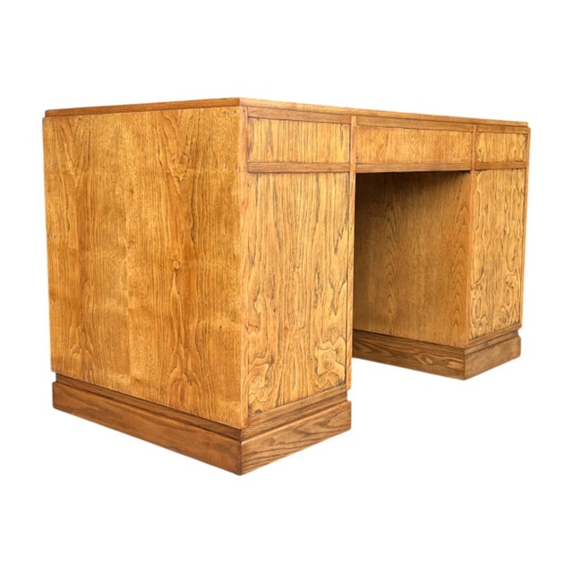 Vintage Campaign-Style Oak Executive Desk With Black Leather Inlay For Sale - Image 10 of 12