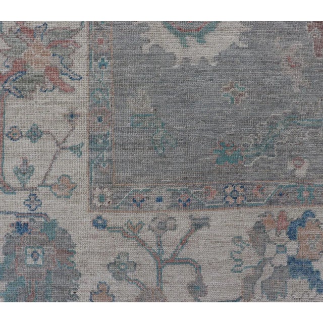 All Over Modern Floral Oushak With a Light Blue-Gray Field and Border With Color For Sale - Image 9 of 12