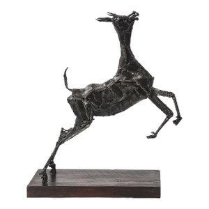 Mid-Century Brutalist Welded Bronze Sculpture of a Leaping Goat on Wood Base