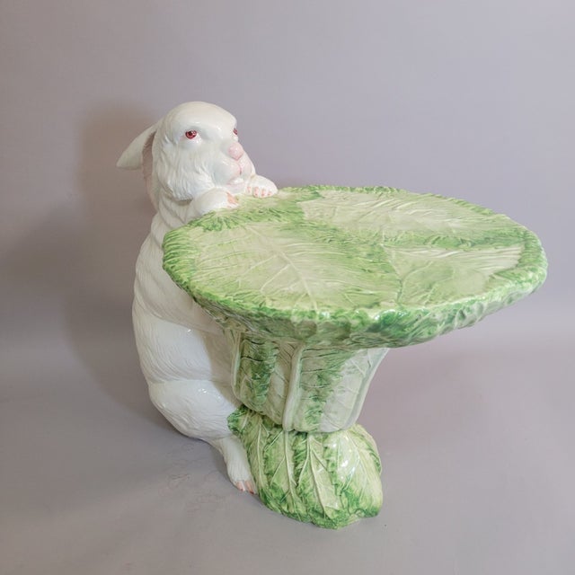Italian Porcelain Rabbit Sculptural Accent Table Stand With Lettuce Cabbage Leaf Top, C. 1970s For Sale In Raleigh - Image 6 of 16