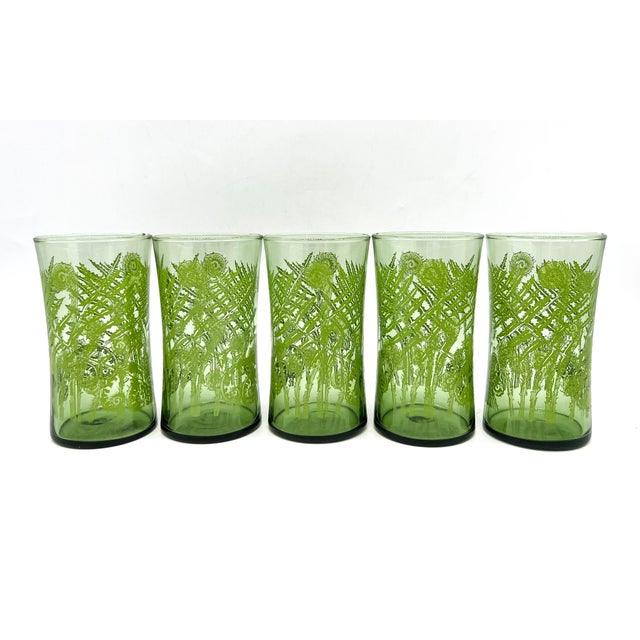Anchor Hocking Vintage Green Fern Botanical Highball Glasses – Mid-Century Modern / Tropical - Set of 5 For Sale - Image 4 of 13