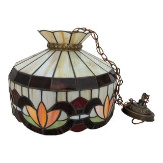 Mid 20th Century Vintage Stained Glass Lotus Flower Swag Hanging Lamp For Sale