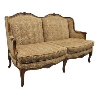 Vintage French Country Louis XV Carved Walnut Cheetah Print Wingback Sofa Settee For Sale