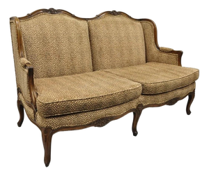 Vintage French Country Louis XV Carved Walnut Cheetah Print Wingback Sofa Settee