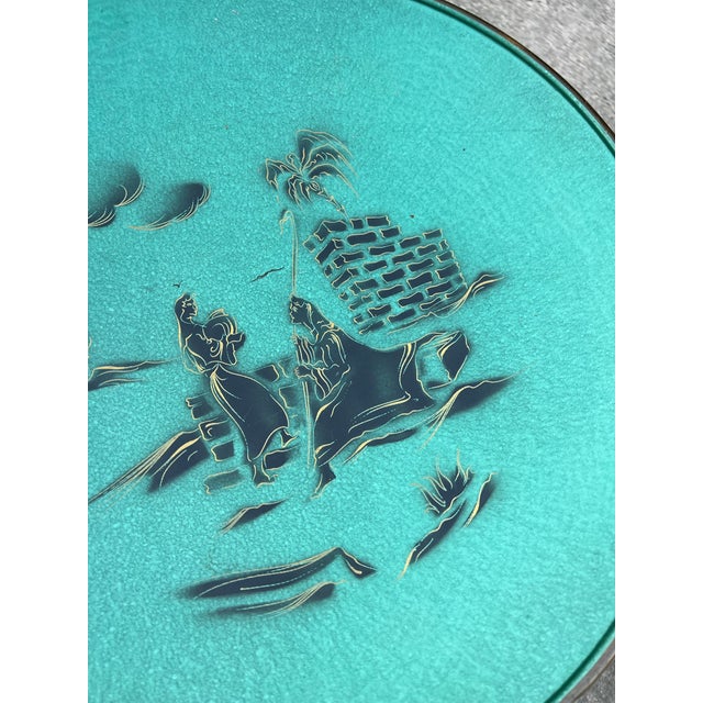 Metal Large Vintage Asian Teal Hand Painted Decorative Tray For Sale - Image 7 of 10