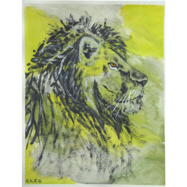Lion Big Cat Abstract Portrait Green Gray Expressionist Impressionisit Original Painting by Cleo Plowden For Sale