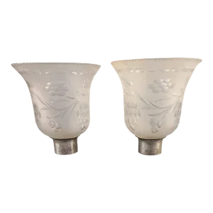 Set of 2 Vintage Frosted Glass Wheel Cut Grape Pattern Lamp Shades Silver-Plated Fitter