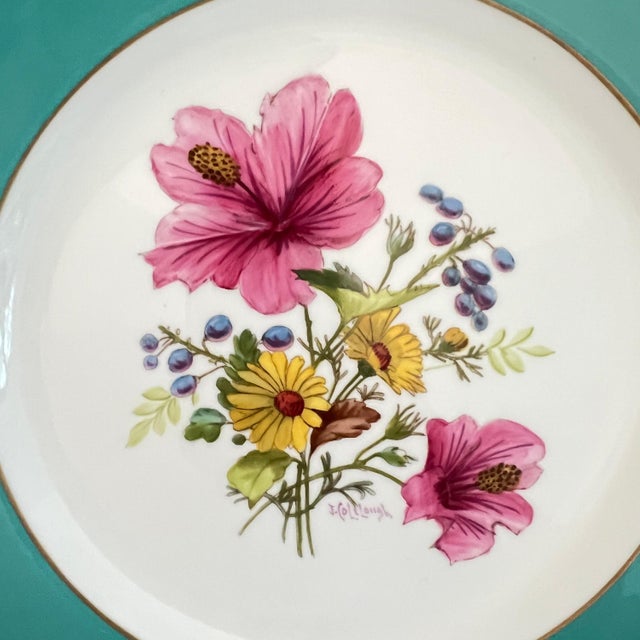 1940s Rare set of hand-painted Minton floral dinner plates with aqua band and gilt rim // signed by artist J Colclough // set of 11 For Sale In Kansas City - Image 6 of 10