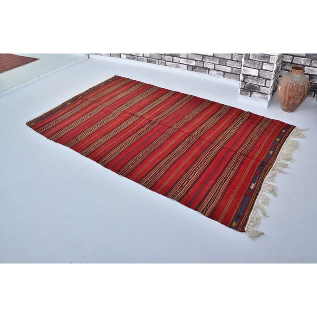Vintage Crimson Red Turkish Striped Kilim Rug With Geometric Border Details For Sale - Image 9 of 10