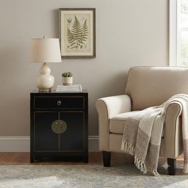 Black Oriental Black Lacquer Moon Face One Drawer End Table Nightstand For Sale - Image 8 of 12