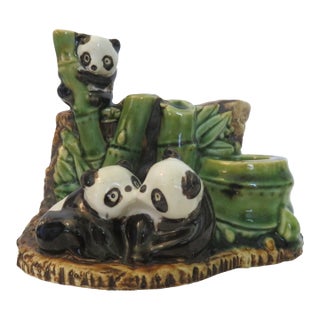 Vintage Fitz and Floyd Fishermans Fortune 3 Pandas With Bamboo Design Planter For Sale