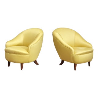 Yellow Fabric and Walnut Armchairs by Gio Ponti, Italy, 1930s, Set of 2 For Sale