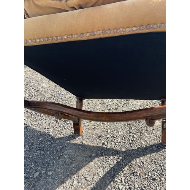 Vintage French Regence Gold Velvet Armchair With Embroidered Crest & Damask Back For Sale - Image 11 of 14