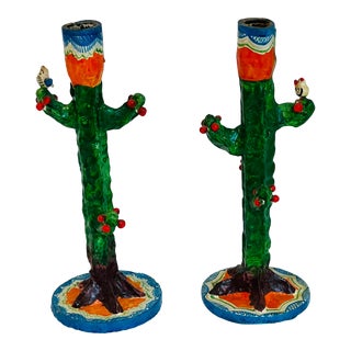 Vintage Made in Mexico Cactus Candle Holder Folk Art For Sale