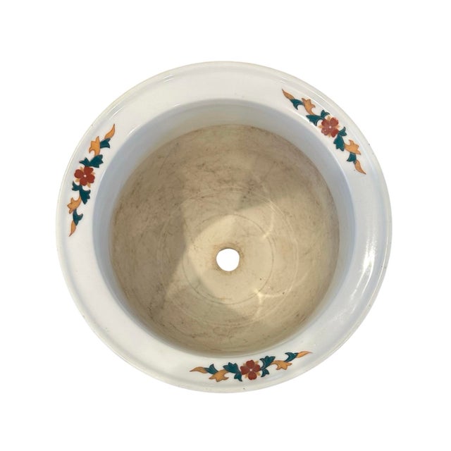 Mid 20th Century Vintage Chinese Chinoiserie Hand Painted Famille Rose Cachepot / Cache Pot / Jardinere/ Fishbowl Planter With Peacock Motif and Moriage Beading For Sale - Image 5 of 11