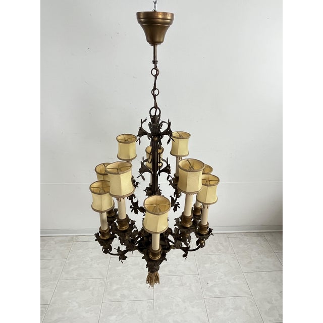 French 10-Light Chandeliers in Wrought Iron and Brass, 1980s, Set of 2 For Sale - Image 6 of 11
