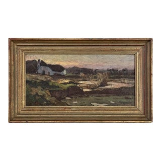 Antique European Oil Painting on Panel, Landscape With Pond and Thatched Farmhouse For Sale