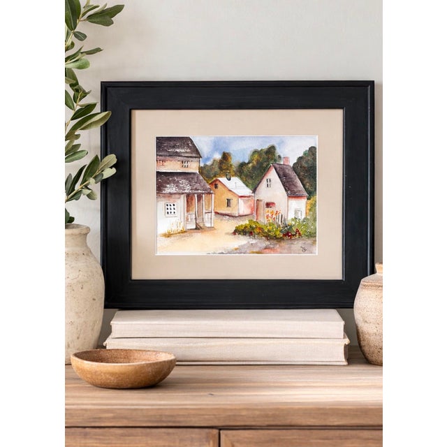 Rustic European Contemporary Rustic European Cottage Village Landscape Watercolor Painting Framed Art - Signed by Unknown ARtist For Sale - Image 3 of 12