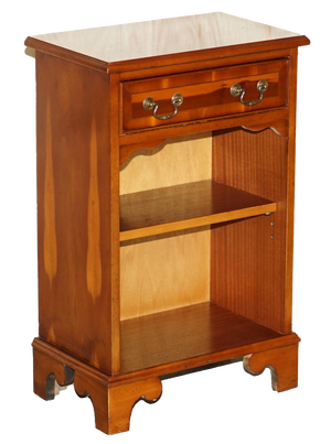 Burr Yew Wood Book Table with Single Drawer and Bookshelves
