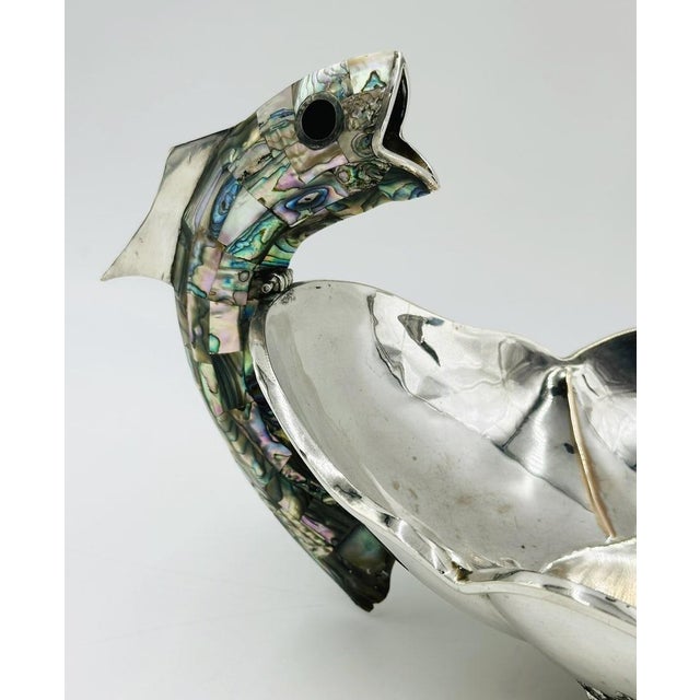 1960s Mexican Silver Plate Center Bowl With Abalone Fish Handles, Signed a.c.t. Taxco For Sale - Image 13 of 18