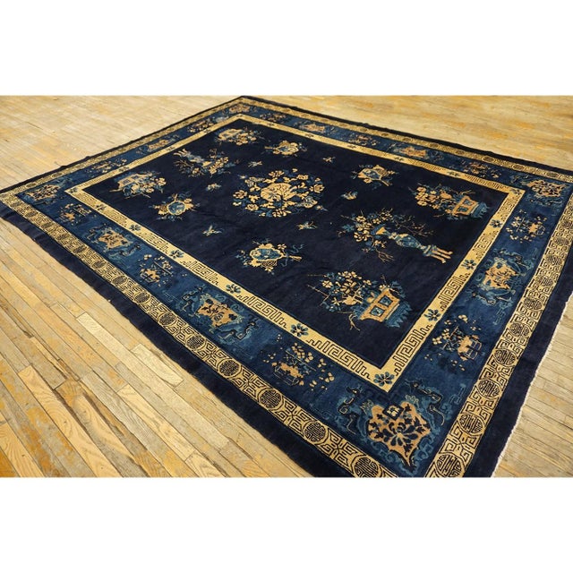 1900s Antique Navy Blue Vase Shou Symbols Traditional Chinese Peking Knotted Rug For Sale - Image 4 of 10