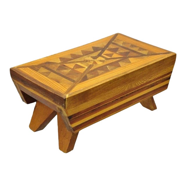 Vintage Folk Art Marquetry Inlay Small Wooden Primitive Footstool Ottoman Stool For Sale