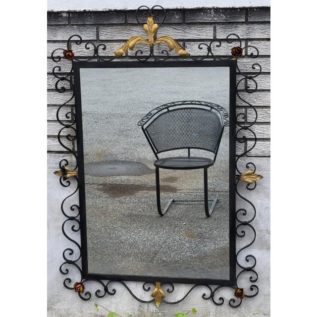 American Vintage 1930s American Handmade Wrought Iron Wall Mirror Hand Painted Floral Dec For Sale - Image 3 of 18