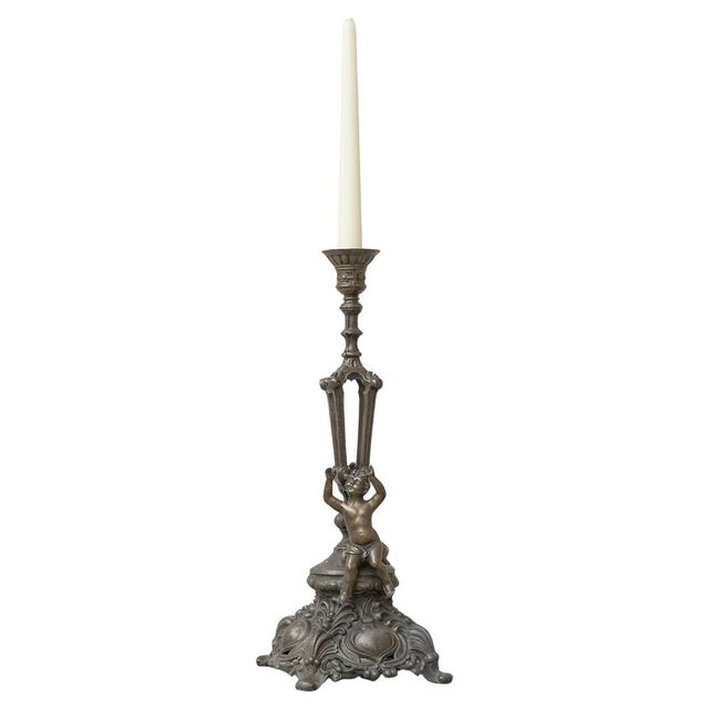 Antique Candleholder in Cast Spelter with Putto, Late 19th Century For Sale - Image 11 of 11