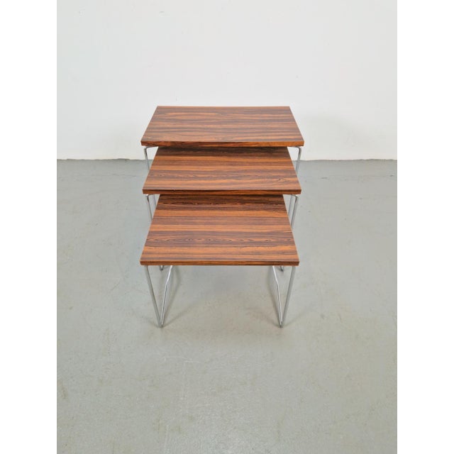 Nesting Tables in Chrome and Wood from Brabantia, 1970s, Set of 3 For Sale - Image 6 of 10