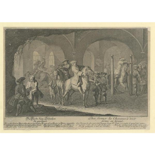 Antique print titled 'Die Pferde zum Schiessen zu gewöhnen - Pour former les Chevaux à tenir ferme en tirant'. This print...