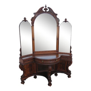 Early 1900s Carved Makeup Vanity Dressing Table With Triple Mirror For Sale