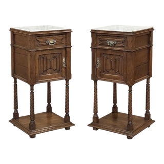 Pair of Gothic Revival Oak Nightstands With Carrara Marble Tops For Sale