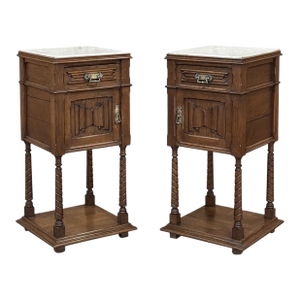 Pair of Gothic Revival Oak Nightstands With Carrara Marble Tops