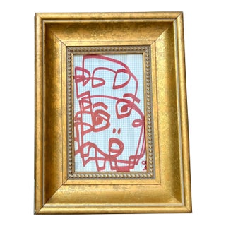 Contemporary Original Wayne Cunningham Abstract Red Marker Drawing Chunky Gold Frame For Sale
