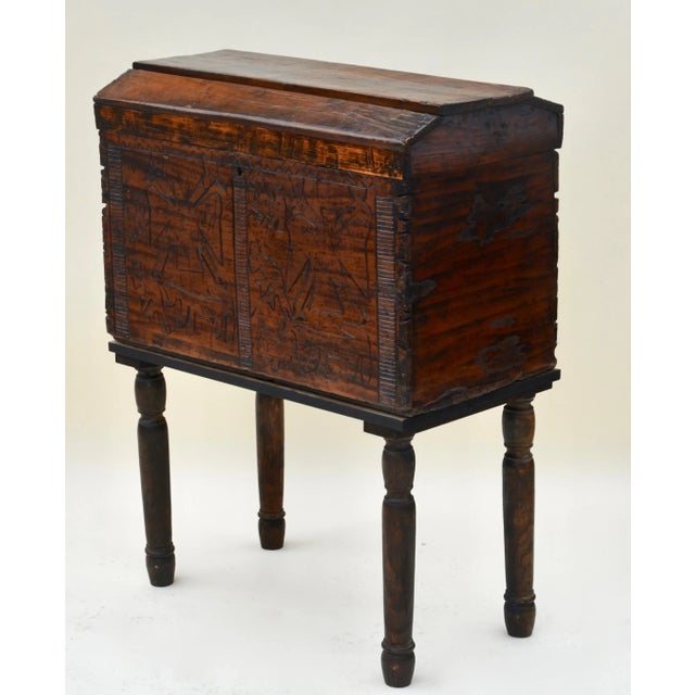 Folk Art Spanish Colonial Wood Carved Chest For Sale - Image 3 of 10