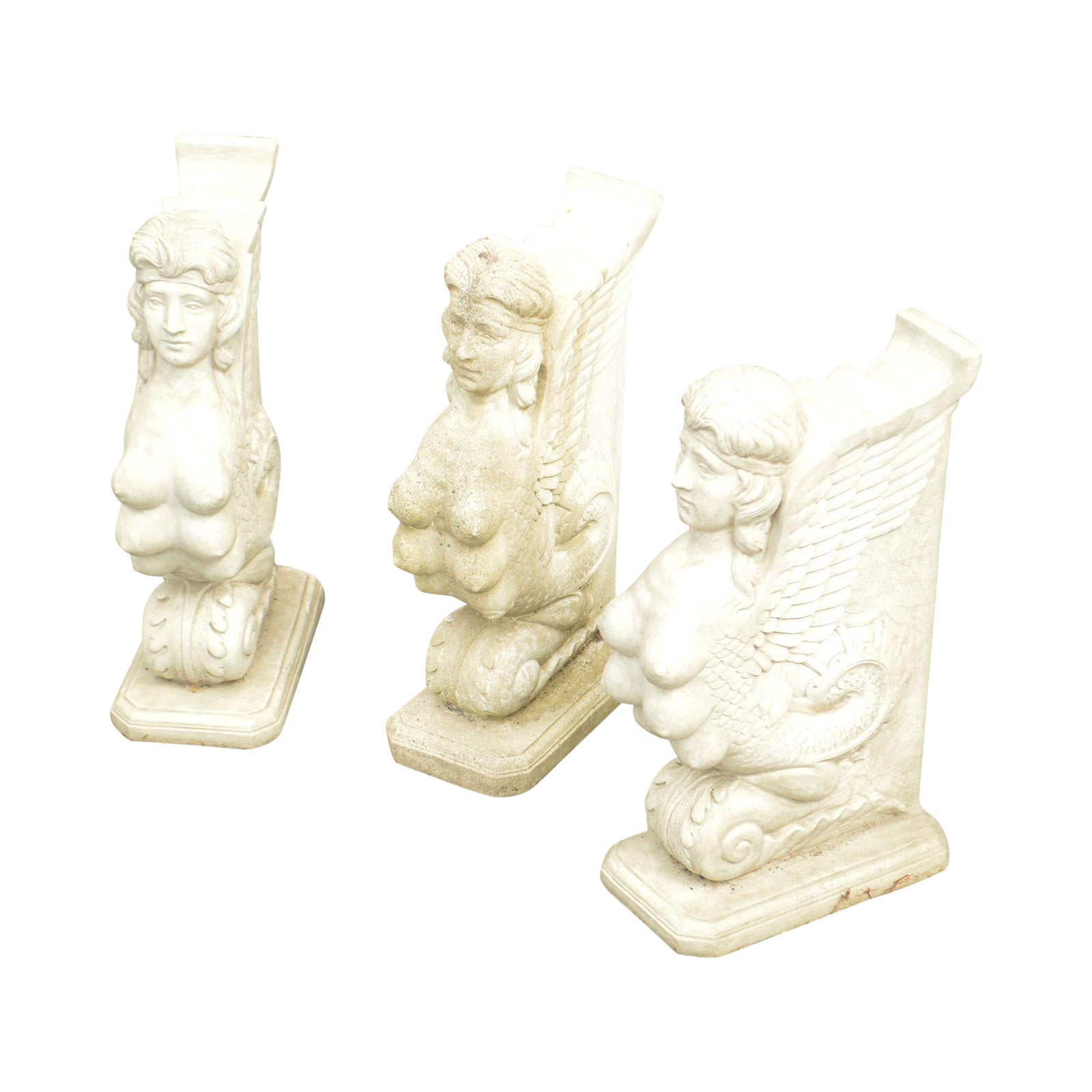 Winged Mythological Mermaids Set 3 Cast Stone Concrete Garden