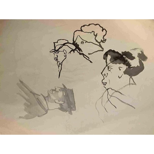 The main preyis an artwork realized by Mino Maccari (1924-1989) in 1955 ca. Ink driwing on paper. A verso-recto paper...