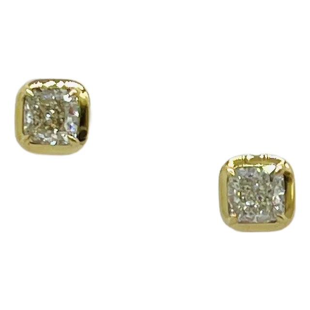 Gia Cushion 1 Carat Each Diamond Bezel Stud Earrings in 18k Yellow Gold, A Pair For Sale