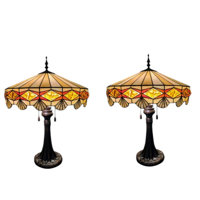 A Pair of Vintage Tiffany Style Slag Glass Double Socket Table Lamps ** Lamps will be Professionally Fragile Packed by the...