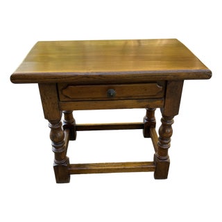 Vintage Solid Oak Side Table With One Drawer and Turned Legs For Sale