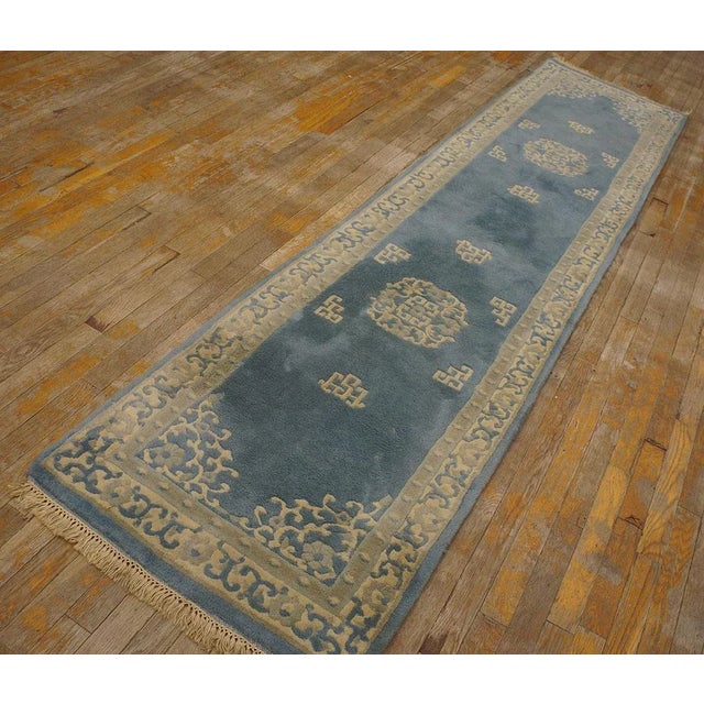 Vintage 1980s Chinese Style Carpet ( 2'4'' x 9'7'' - 71 x 292 ) Vintage Chinese Indian Geometric Knotted Hallway Runner...