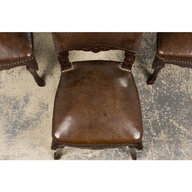 Antique French Louis XV Style Oak Dining Chairs W/ Brown Leather - Set of 8 For Sale In New York - Image 6 of 18