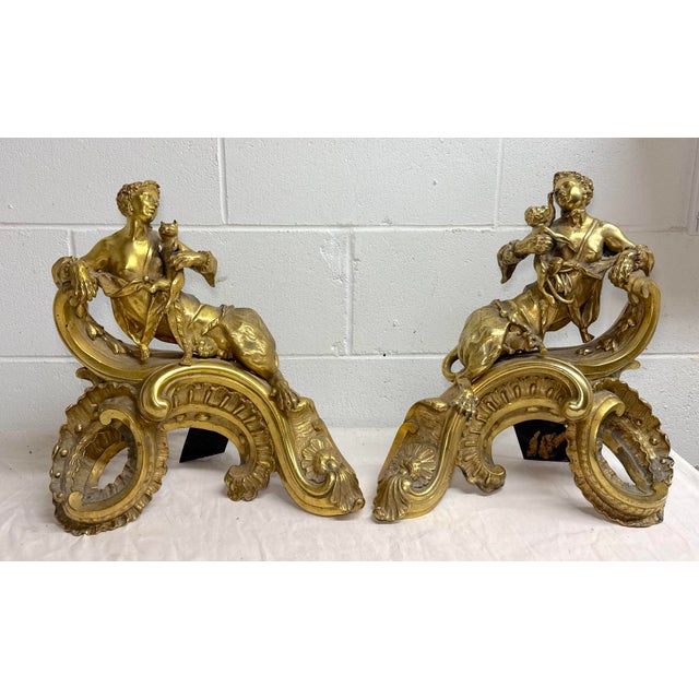 Antique Heavy Pair of Louis XV Style Gilt Bronze Female Sphinx Chenets Andirons For Sale - Image 14 of 17