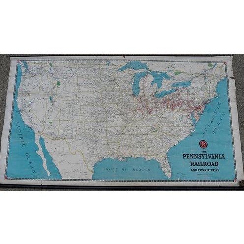 Mid 20th century wall map of the US representing the Rail routes of the mighty Pennsylvania railroad. Title: Pennsylvania...