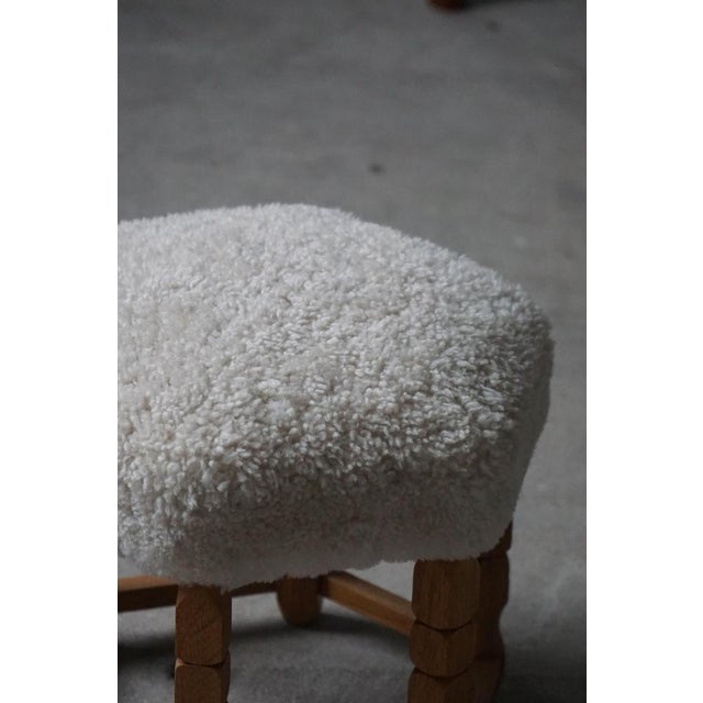 Mid-Century Modern Danish Hexagonal Oak Stool with Lambswool Upholstery, 1950s For Sale - Image 10 of 13