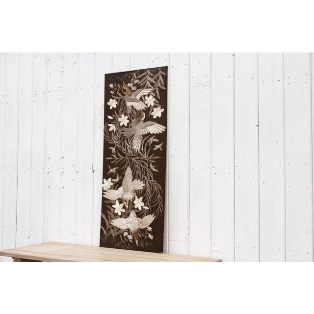 1960s Mid-Century Embroidered Flying Birds Textile Art For Sale - Image 5 of 12